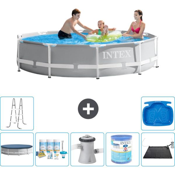 Piscina Intex Con Struttura A Prisma Rotondo - 305 X 76 Cm - Grigio - Include Copertura - Pacchetto Manutenzione - Pompa Filtro Per Piscina - Filtro - Tappeto Solare - Scaletta-image