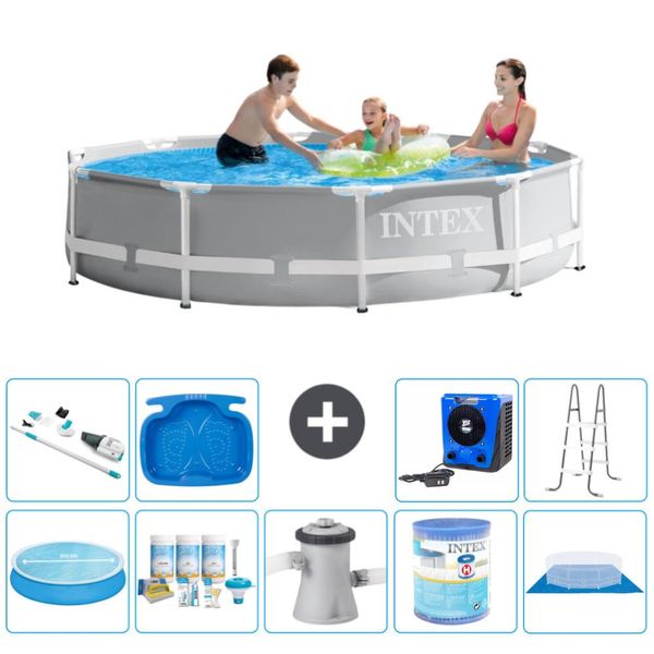 Piscina Intex Con Struttura A Prisma Rotondo - 305 X 76 Cm - Grigio - Include Tenda Da Sole - Pacchetto Manutenzione - Pompa Filtro Per Piscina - Filtro - Telo Di Fondo - Aspirapolvere-image