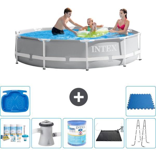 Piscina Intex Con Struttura A Prisma Rotondo - 305 X 76 Cm - Grigio - Pacchetto Di Manutenzione Incluso - Pompa Filtro Per Piscina - Filtro - Tappetino Solare - Scaletta - Pediluvio-image