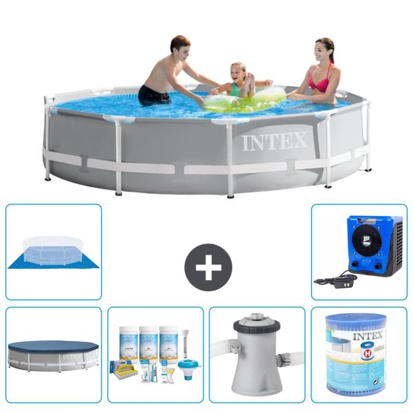 Piscina Intex Con Struttura A Prisma Rotondo - 305 X 76 Cm - Grigio - Include Copertura - Pacchetto Manutenzione - Pompa Filtro Per Piscina - Filtro - Copertura Del Terreno - Pompa Di Calore-image