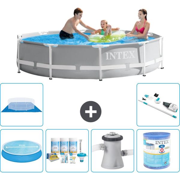 Piscina Intex Con Struttura A Prisma Rotondo - 305 X 76 Cm - Grigio - Include Tenda Da Sole - Pacchetto Manutenzione - Pompa Filtro Per Piscina - Filtro - Telo Di Fondo - Aspirapolvere-image