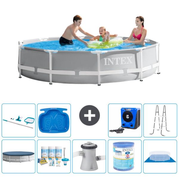 Piscina Intex Con Struttura A Prisma Rotondo - 305 X 76 Cm - Grigio - Include Copertura - Pacchetto Di Manutenzione - Pompa Filtro Per Piscina - Filtro - Copertura Del Terreno - Kit Di Pulizia-image