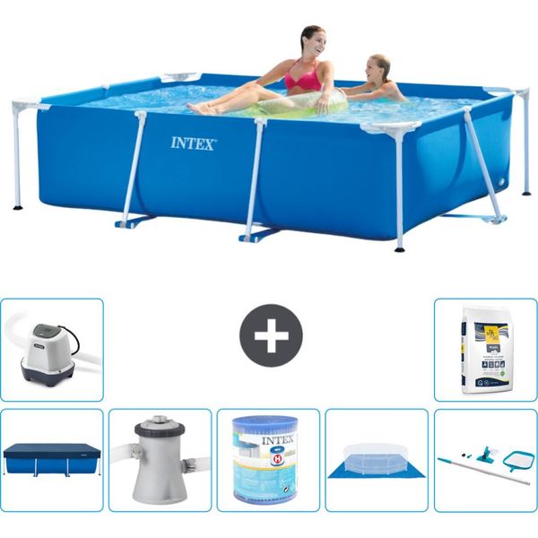 Piscina Intex Con Struttura Rettangolare - 220 X 150 X 60 Cm - Blu - Include Copertura - Pompa Filtro Per Piscina - Filtro - Copertura Del Terreno - Kit Di Pulizia - Sistema Ad Acqua Salata-image