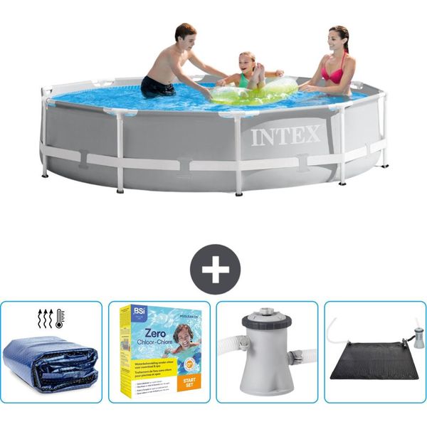 Piscina Intex Con Struttura Prismatica Rotonda - 305 X 76 Cm - Grigio - Include Tenda Da Sole - Pacchetto Manutenzione - Pompa Filtro Per Piscina - Tappeto Solare-image