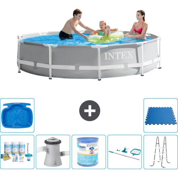 Piscina Intex Con Struttura A Prisma Rotondo - 305 X 76 Cm - Grigio - Pacchetto Di Manutenzione Incluso - Pompa Filtro Per Piscina - Filtro - Kit Di Pulizia - Scaletta - Pediluvio-image