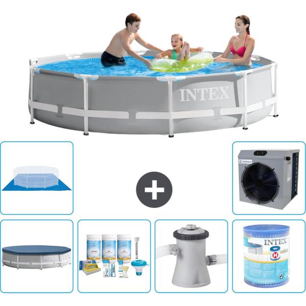 Piscina Intex Con Struttura A Prisma Rotondo - 305 X 76 Cm - Grigio - Include Copertura - Pacchetto Manutenzione - Pompa Filtro Per Piscina - Filtro - Copertura Del Terreno - Pompa Di Calore-image