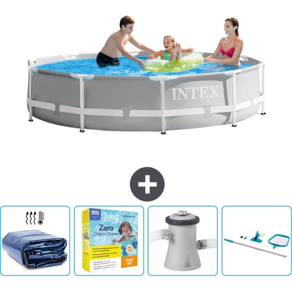 Piscina Intex Con Struttura A Prisma Rotondo - 305 X 76 Cm - Grigio - Include Tenda Da Sole - Pacchetto Manutenzione - Pompa Filtro Per Piscina - Kit Pulizia-image