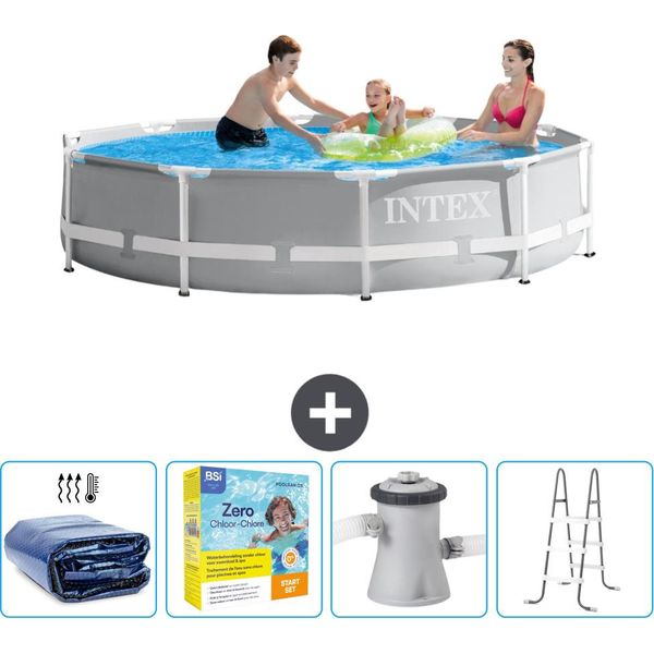 Piscina Intex Con Struttura A Prisma Rotondo - 305 X 76 Cm - Grigio - Include Tenda Da Sole - Pacchetto Manutenzione - Pompa Filtro Per Piscina - Scaletta-image