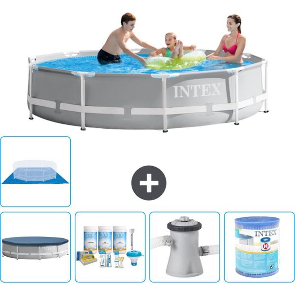 Piscina Intex Con Struttura A Prisma Rotondo - 305 X 76 Cm - Grigio - Include Copertura - Pacchetto Manutenzione - Pompa Filtro Per Piscina - Filtro - Copertura Del Terreno-image