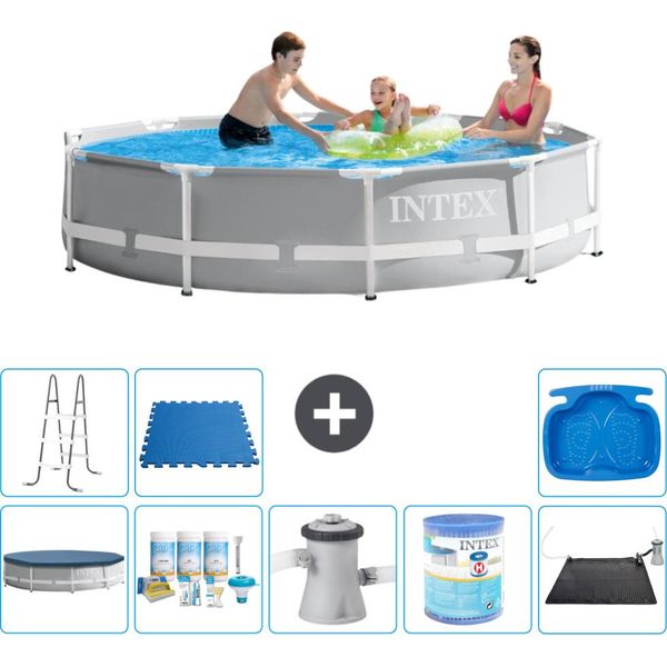 Piscina Intex Con Struttura A Prisma Rotondo - 305 X 76 Cm - Grigio - Include Copertura - Pacchetto Manutenzione - Pompa Filtro Per Piscina - Filtro - Tappeto Solare - Scaletta-image