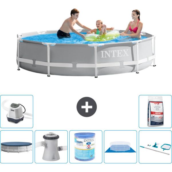 Piscina Intex Con Struttura A Prisma Rotondo - 305 X 76 Cm - Grigio - Include Copertura - Pompa Filtro Per Piscina - Filtro - Copertura Del Terreno - Kit Di Pulizia - Sistema Ad Acqua Salata-image