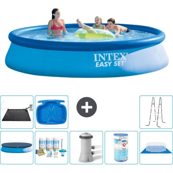 Piscina Gonfiabile Rotonda Easy Set Di Intex - 396 X 84 Cm - Blu - Include Copertura - Pacchetto Manutenzione - Pompa Filtro Per Piscina - Filtro - Copertura Del Terreno - Tappetino Solare-image