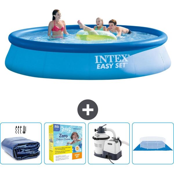Piscina Gonfiabile Rotonda Intex Easy Set - 396 X 84 Cm - Blu - Include Tenda Da Sole - Pacchetto Manutenzione - Pompa Filtro Per Piscina - Telo Di Fondo-image