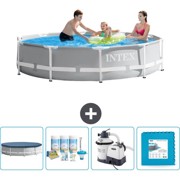 Piscina Intex Con Struttura A Prisma Rotondo - 305 X 76 Cm - Grigio - Copertura Inclusa - Pacchetto Manutenzione - Pompa Filtro Per Piscina - Pavimento In Piastrelle-image