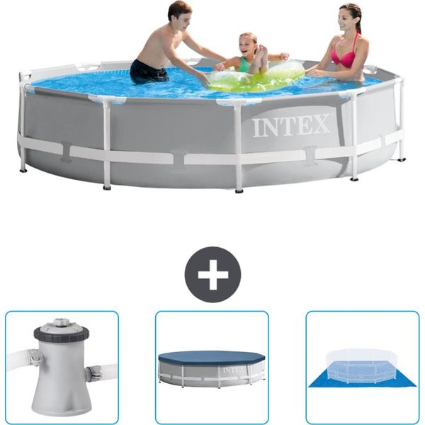 Piscina Intex Con Struttura A Prisma Rotondo - 305 X 76 Cm - Grigio - Include Pompa Filtro Per Piscina - Telo Di Copertura - Telo Di Fondo-image