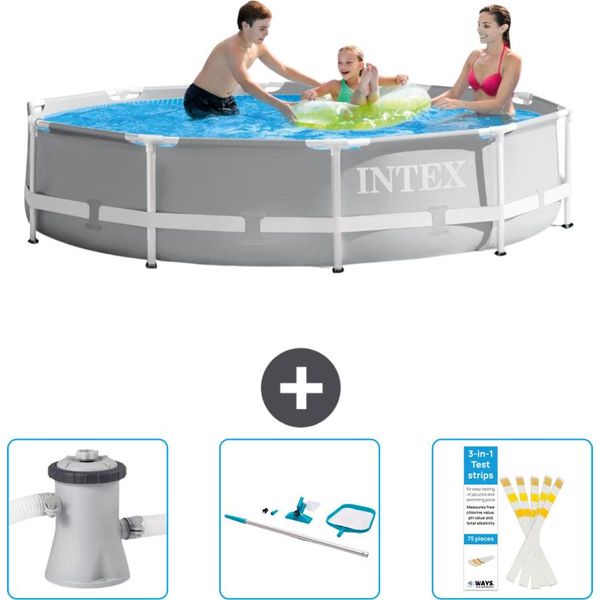 Piscina Intex Con Struttura A Prisma Rotondo - 305 X 76 Cm - Grigio - In Dotazione Pompa Filtro Per Piscina - Kit Di Pulizia - Strisce Reattive-image