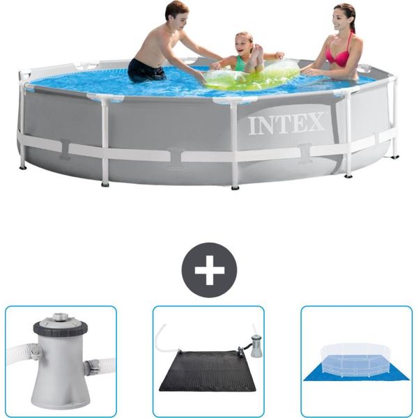Piscina Intex Con Struttura A Prisma Rotondo - 305 X 76 Cm - Grigio - In Dotazione Pompa Filtro Per Piscina - Tappetino Solare - Telone Per Pavimento-image
