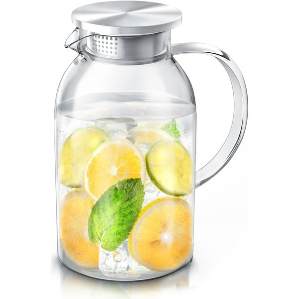 Caraffa Arendo, Caraffa In Vetro Con Coperchio In Acciaio Inossidabile Alimentare, Vetro Borosilicato, 2300 Ml, Colino, Resistente Al Calore E Al Freddo, Senza Bpa-image