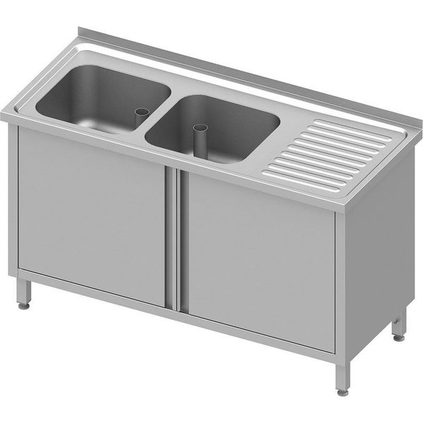 Mobile Lavello Con Ante A Battente, 1500X600X850 Mm, Con Due Lavelli A Sinistra, Con Supporto, Saldato-image