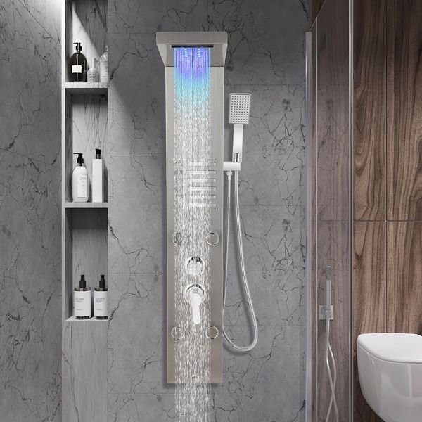 Aopunly Pannello Doccia Per Bagno Sistema Doccia Idromassaggio Doccia A Pioggia Pannello Doccia Multifunzionale 5 Grandi Getti Massaggianti Colonna Doccia, Argento-image