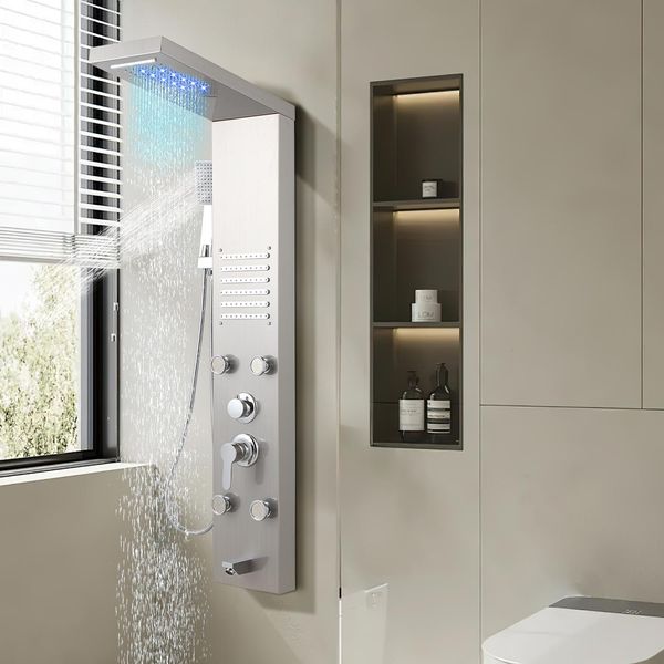 Jopassy Pannello Doccia Per Bagno Sistema Doccia Idromassaggio Doccia A Pioggia Pannello Doccia Multifunzionale 5 Grandi Getti Massaggianti Colonna Doccia, Argento-image