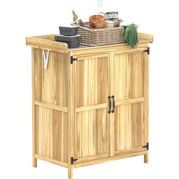 Outsunny Casetta Da Giardino In Legno, Casetta Per Attrezzi Resistente Alle Intemperie 74X43X88Cm, Casetta Per Attrezzi Con Tetto Incernierato Ripiani, Piano Di Lavoro, Per Giardino, Terrazza, Legno-image