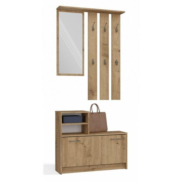 Armadio Da Corridoio "Verona"" Con Scarpiera, Specchio E Appendiabiti Nel Colore Rovere Artisan, 85 X 24 X 180 Cm."-image
