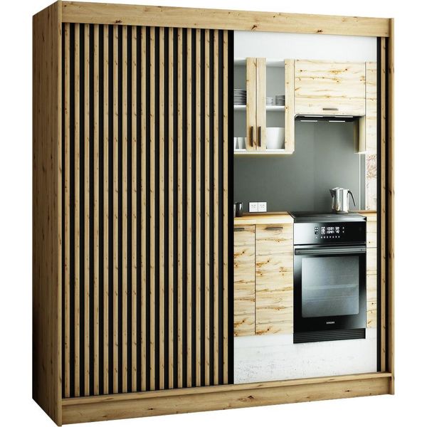 Armadio Ad Ante Scorrevoli Lamelo Armadio 200X62X200Cm Rovere Artisan Nero Con Specchio-image