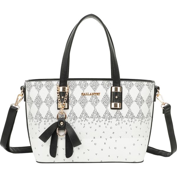 Gallantry, Shopper Da Donna Con Motivo A Rombi E Tipografia Sparsa, Bianco/Nero-image