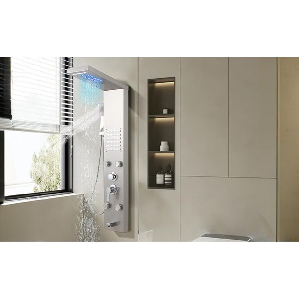 Jayseuw Sistema Di Pannelli Doccia Pannello Doccia In Acciaio Inox Spazzolato Colonna Doccia Con 5 Modalità Doccia Set Doccia Pannello Doccia Torre Con Doccia A Pioggia (Argento)-image