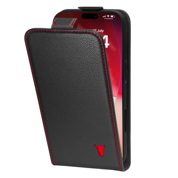 Custodia Flip In Pelle Torro Per Iphone 17 (Ricarica Magsafe) - Nero Con Dettagli Rossi-image