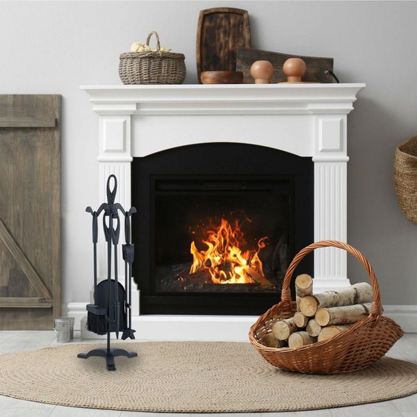 Set Di Attrezzi Per Camino In Ferro Nero - Porta Accessori Da 5 Pezzi-image