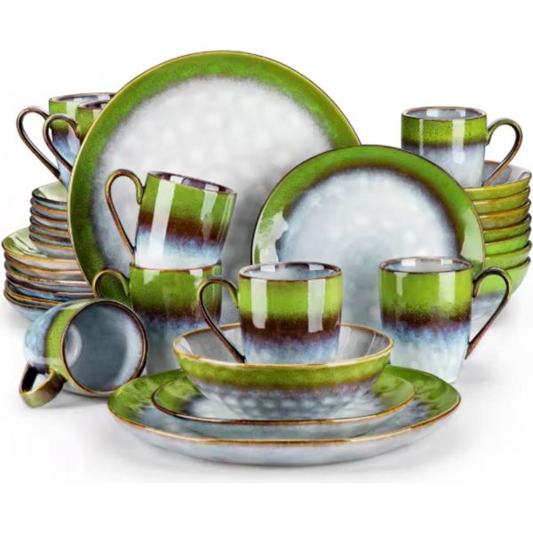 Set Da Portata Velentino - 32 Pezzi - 8 Persone - Piatti Da Portata, Piatti Fondi E Piatti Da Colazione - Verde - Ceramica-image