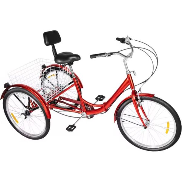 Driewieler Berlin 24 Pollici - 7 Marce - Triciclo Pieghevole Per Adulti Con Cestino Posteriore - Regolabile - Rosso - Capacità Di Carico 120Kg-image