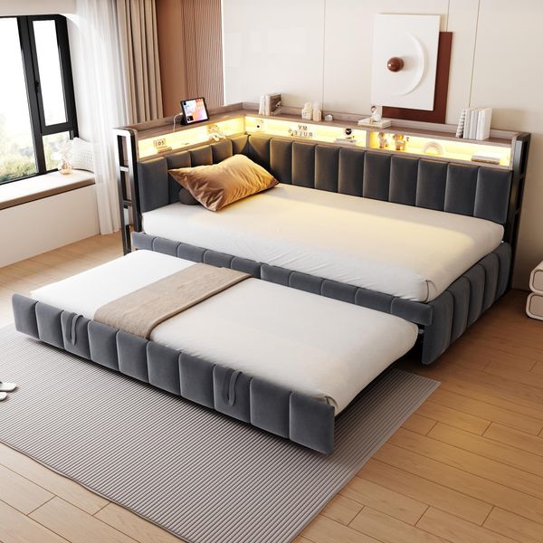 Flieks Divano Letto Da Giorno 90X200Cm Con Letto Estraibile, Letto Per Ragazzi Letto Singolo Con Funzione Di Ricarica E Led, Letto Imbottito Letto In Metallo, Velluto, Grigio Scuro-image