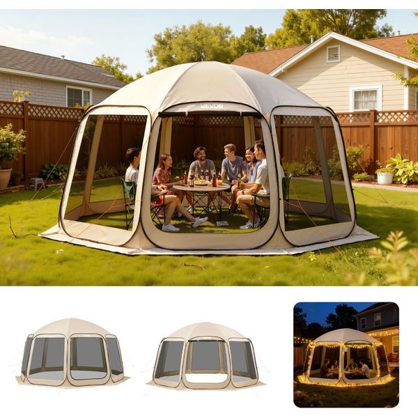 Tenda Da Campeggio Vevor, 457,2X420,6X245 Cm, Tenda Per Feste Per 12-15 Persone, Tenda A Scomparsa, Inclusa Borsa Per Il Trasporto, Pareti Laterali In Rete E Picchetti, Per Giardino, Patio E Attività All'aperto, Beige-image