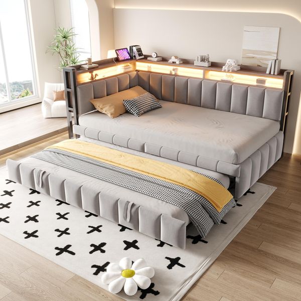 Flieks Divano Letto Da Giorno 90X200Cm Con Letto Estraibile, Letto Per Ragazzi Letto Singolo Con Funzione Di Ricarica E Led, Letto Imbottito Letto In Metallo, Velluto, Grigio Chiaro-image