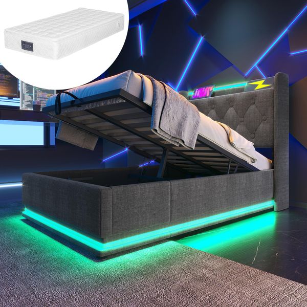 Letto Singolo Imbottito, LDE90 X 200 Cm, Materiale Lino Grigio Letto Contenitore Idraulico, Testata Con Usb Type-C Con Materasso-image