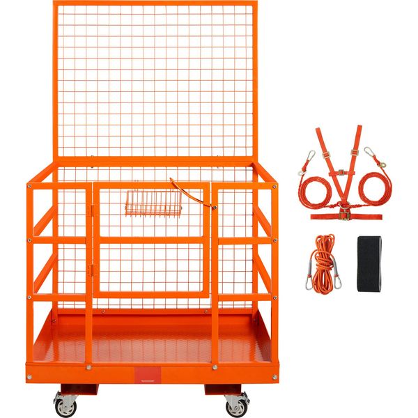 Succebuy Gabbia Di Sicurezza Per Carrello Elevatore, Portata 635 Kg, Piattaforma Di Lavoro 109,2 X 114,3 Cm Con Cintura Di Sicurezza E Blocco, Foro Di Scarico, Ruote E Cesto Porta Attrezzi-image