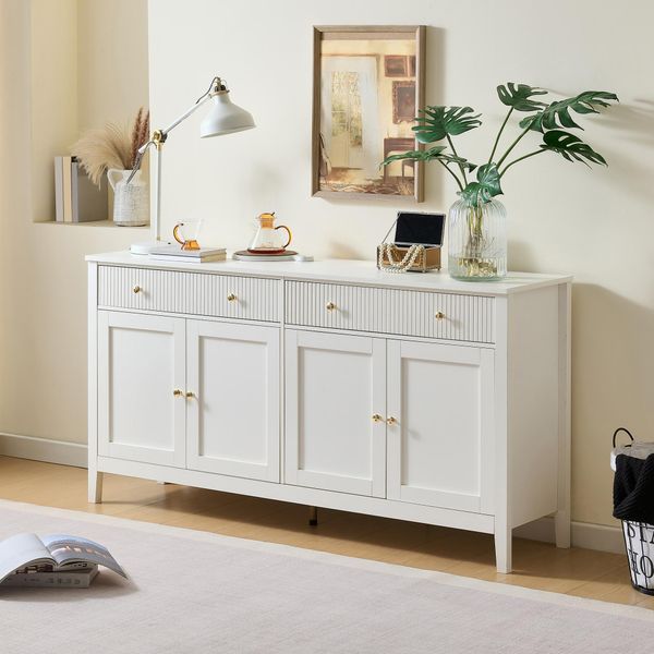Credenza Merax Con 2 Cassetti E 4 Ante, Cassettiera Con Maniglie Dorate, Elegante Mobile Con Ampio Spazio Di Archiviazione In Mdf, Bianco-image