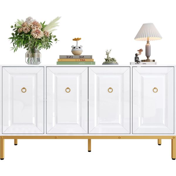 Credenza Sweiko, Mobile Contenitore Lucido, Maniglie E Gambe Dorate, Con Ripiani. 140×80×40 Cm-image