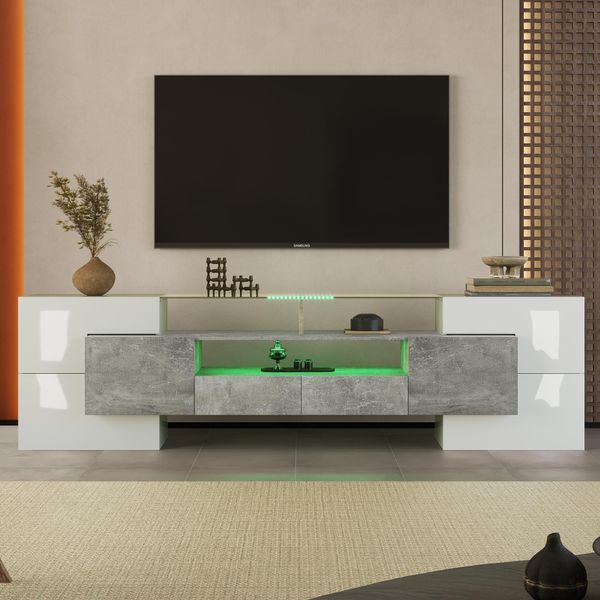 Sweiko Mobile Tv Di Stile, Pannello Basso.Bianco Lucido, 200 Cm, Illuminazione Led, Mobili Per Il Soggiorno. Design Moderno. Elegante Superficie In Vetro.-image