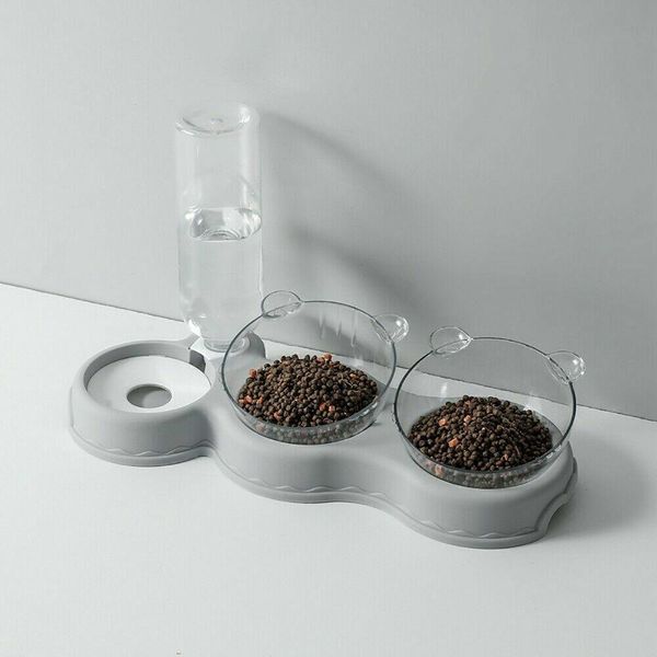 3 In 1 Ciotola Per Animali Domestici Ciotola Per Gatti Stazione Di Alimentazione Inclinata Con Fontanella Grigio-image