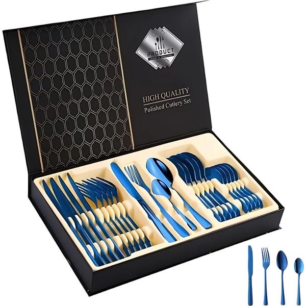 Elegante Set Di Posate Blu - 24 Pezzi Per 6 Persone, Acciaio Inox-image
