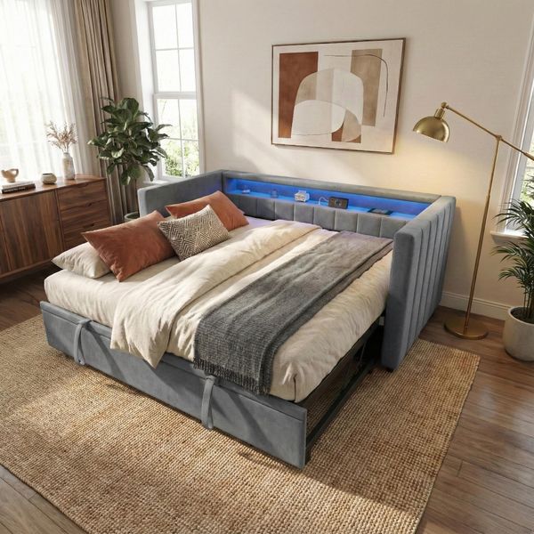 Lvhom Daybed Allungabile 90/180X190Cm Con Contenitore E Led, Divano Letto Con Letto Estraibile, Daybed In Velluto Con Usb E Rete A Doghe, Daybed, Grigio-image