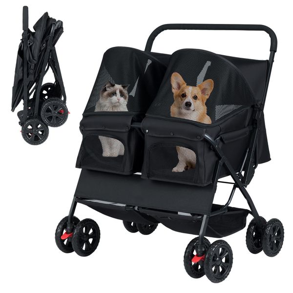 Costway Passeggino Per Cani Doppio, Passeggino Pieghevole Per 2 Cani&Gatti, Carrozzina Per Animali Domestici Con Tettuccio Regolabile, Cestino&Pad, Pieghevole Nero-image