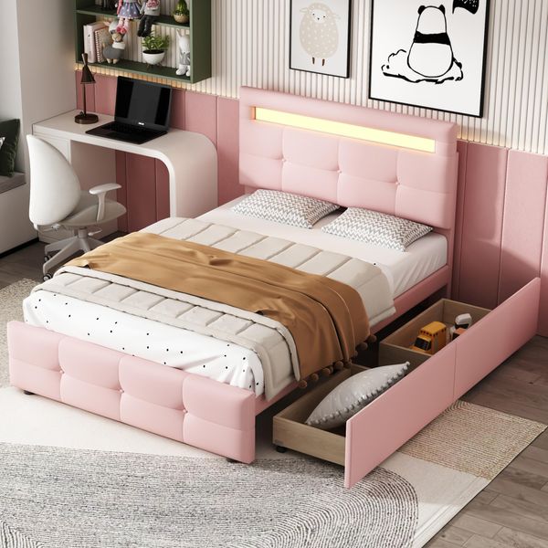 Letto Imbottito Merax 90X200Cm Con Led, Cassetti E Testata Regolabile In Altezza, Letto Singolo Funzionale Con Rete A Doghe E Rivestimento In Lino In Rosa-image