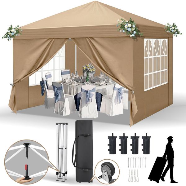 Fch Gazebo Pieghevole 3X3 M Gazebo Da Giardino Con 4 Pannelli Laterali, Gazebo Con 4 Sacchi Di Sabbia Gazebo Pop Up Per Feste, Cachi-image