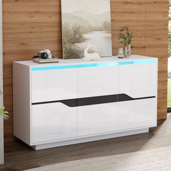 Credenza Merax 140 Cm Con 3 Ante E Ripiani Regolabili, Cassettiera Con Design A Blocchi Di Colore, Illuminazione App Led, Bianco-Nero Lucido-image