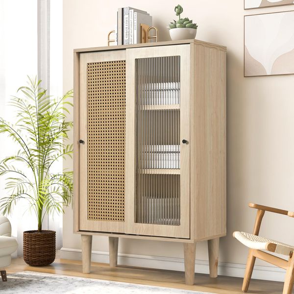 Cassettiera Merax Con Anta In Vetro E Vimini In Rattan, Vetrina Country, Credenza In Piedi In Legno, 60X40X100Cm, Rovere-image